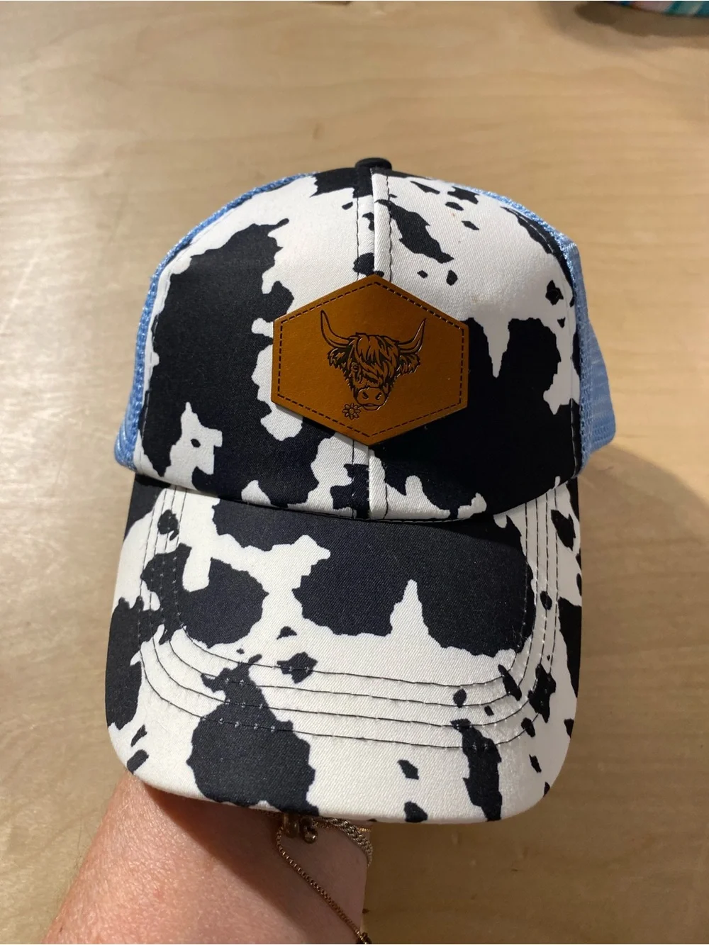 Cow Print Baseball Cap with Brown Patch - Blue/Black/White (SZ)